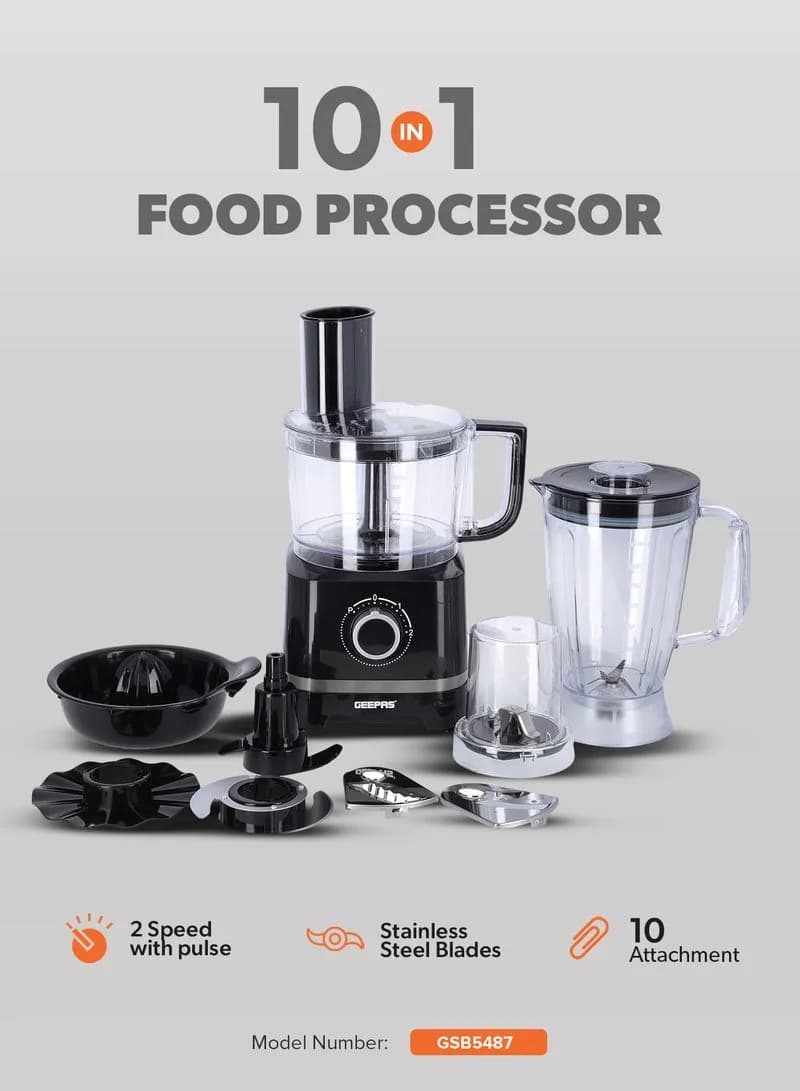 GEEPAS 10-in-1 Food Processor 800W Multi-Function Kitchen Machine with Stainless Steel Blades and Detachable Attachments (GSB5487, Black)
