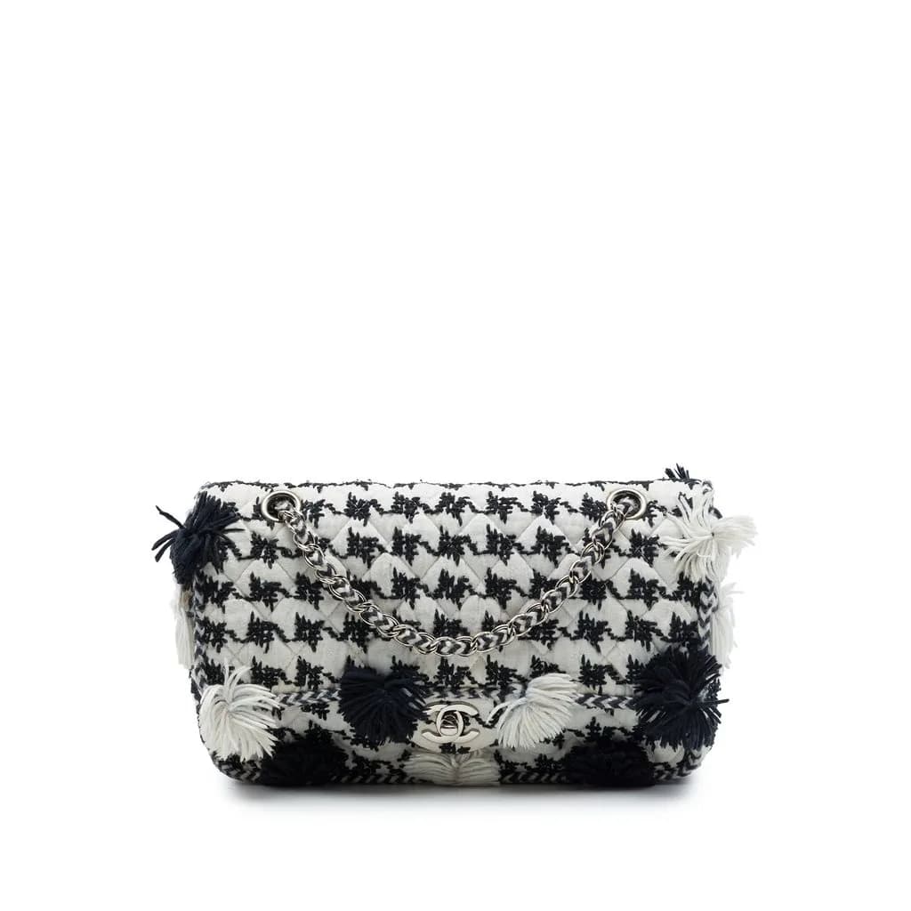 Chanel (Pre-owned) Medium Classic Embroidered Canvas Houndstooth Pom Pom Flap